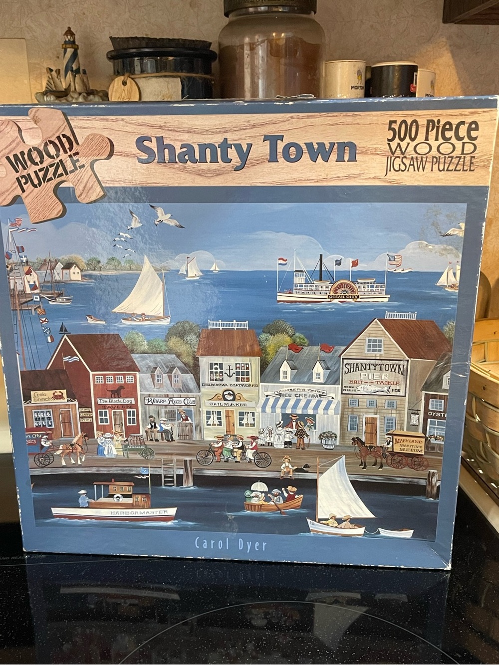 COMPLETE CEACO CAROL DYER SHANTY TOWN SEA SIDE TOWN BOATS CORK 500 PIECE PUZZLE